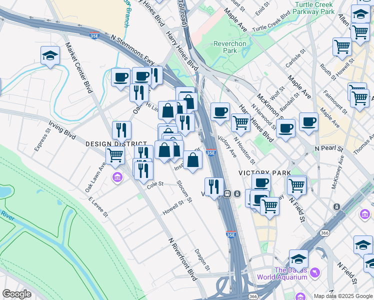 map of restaurants, bars, coffee shops, grocery stores, and more near 1531 Inspiration Drive in Dallas