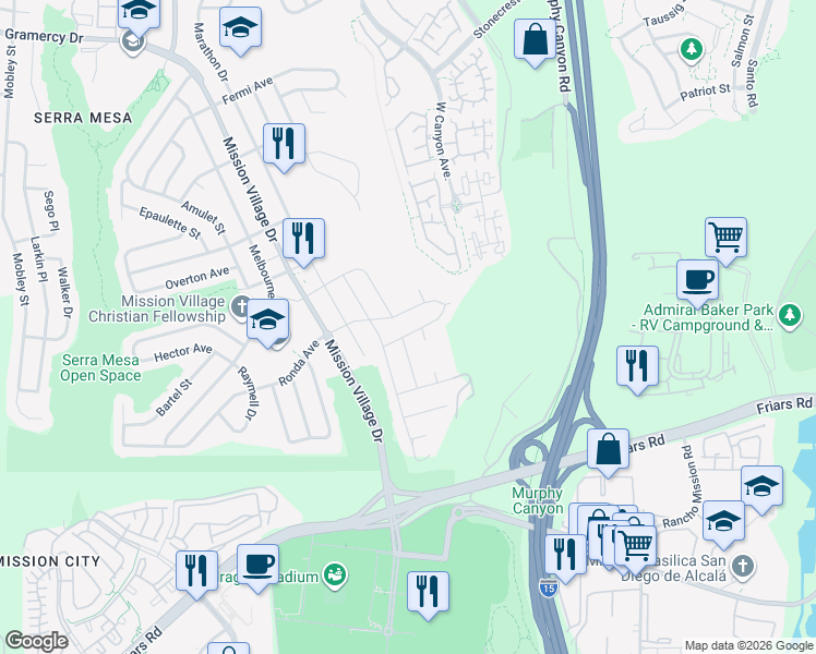 map of restaurants, bars, coffee shops, grocery stores, and more near 9501 Ronda Avenue in San Diego