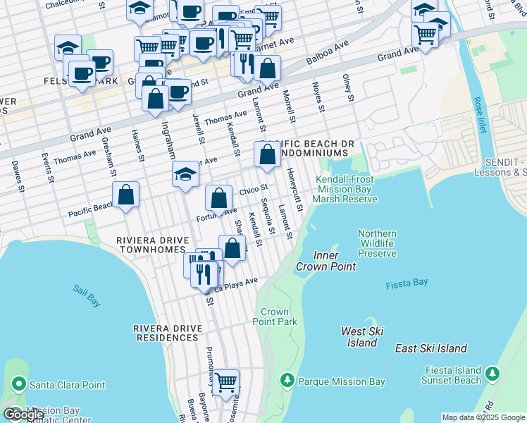map of restaurants, bars, coffee shops, grocery stores, and more near 3976 Sequoia Street in San Diego