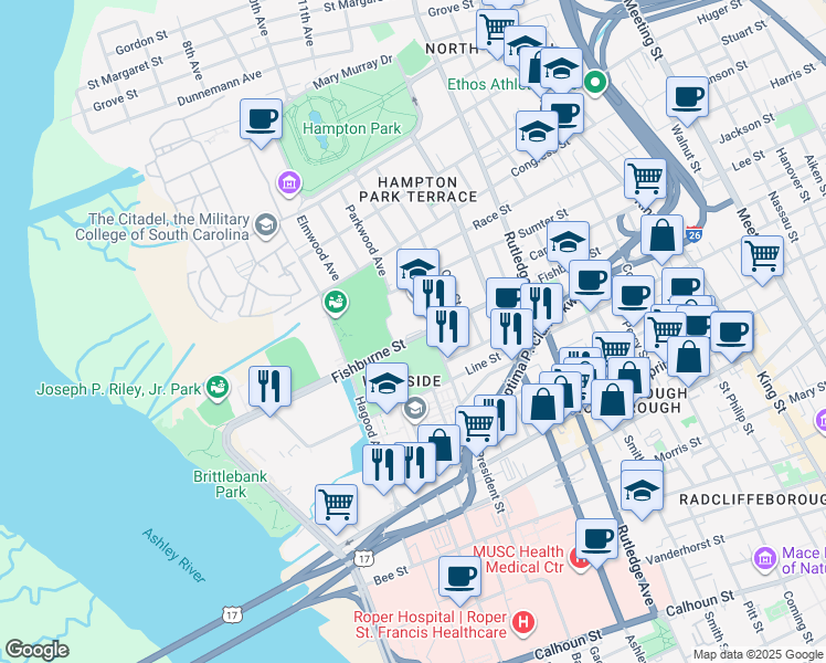 map of restaurants, bars, coffee shops, grocery stores, and more near 244 President Street in Charleston