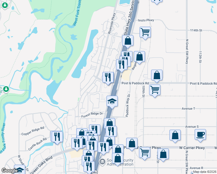 map of restaurants, bars, coffee shops, grocery stores, and more near 2535 North Highway 360 in Grand Prairie