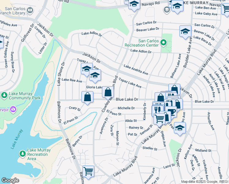 map of restaurants, bars, coffee shops, grocery stores, and more near 6239 Cowles Mountain Boulevard in San Diego