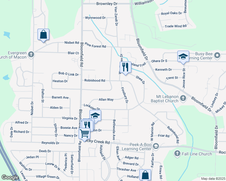 map of restaurants, bars, coffee shops, grocery stores, and more near 2436 Greenwood Terrace in Macon