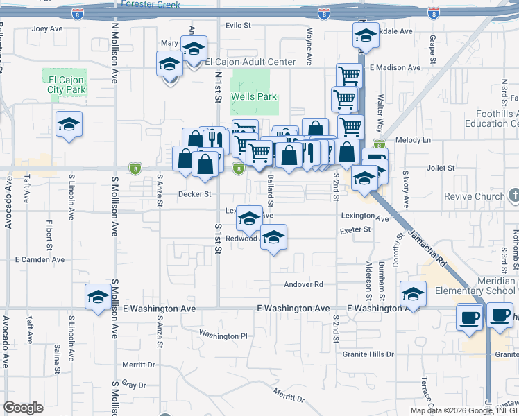 map of restaurants, bars, coffee shops, grocery stores, and more near 290 Ballard Street in El Cajon