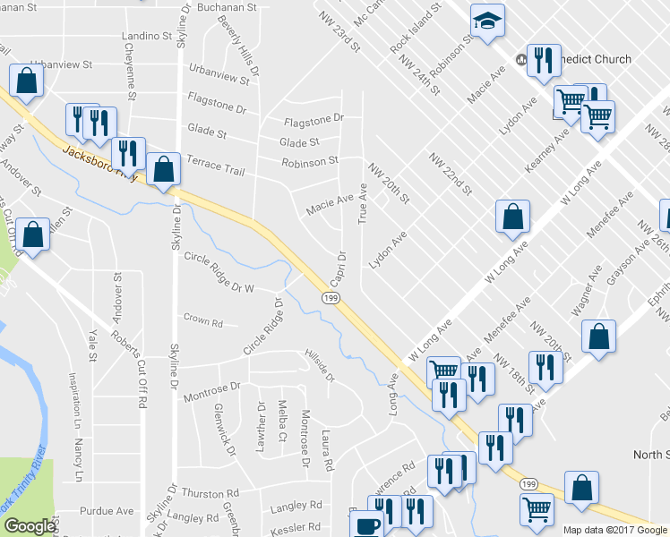 map of restaurants, bars, coffee shops, grocery stores, and more near 2219 Capri Drive in Fort Worth