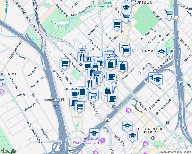 map of restaurants, bars, coffee shops, grocery stores, and more near 2651 North Harwood Street in Dallas