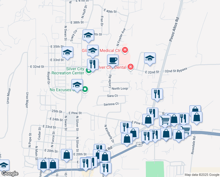 map of restaurants, bars, coffee shops, grocery stores, and more near 1305 North Loop in Silver City