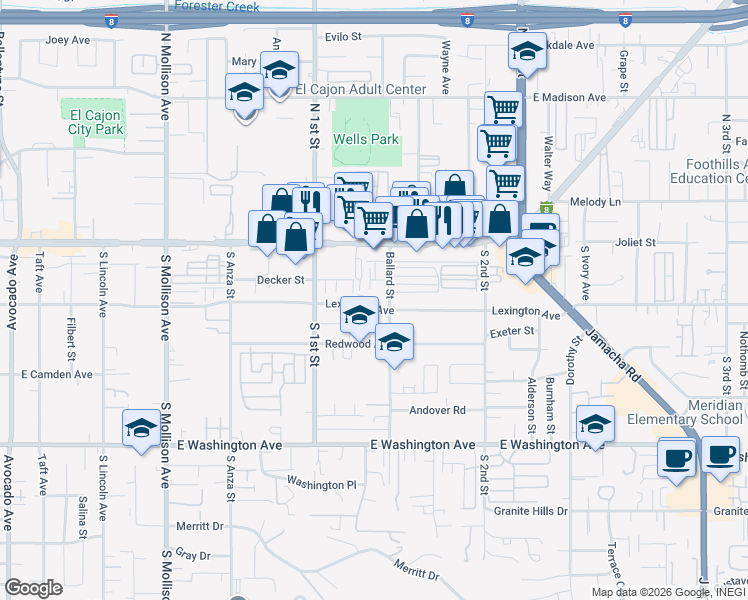 map of restaurants, bars, coffee shops, grocery stores, and more near 290 Ballard Street in El Cajon