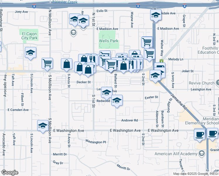 map of restaurants, bars, coffee shops, grocery stores, and more near 1132 East Lexington Avenue in El Cajon