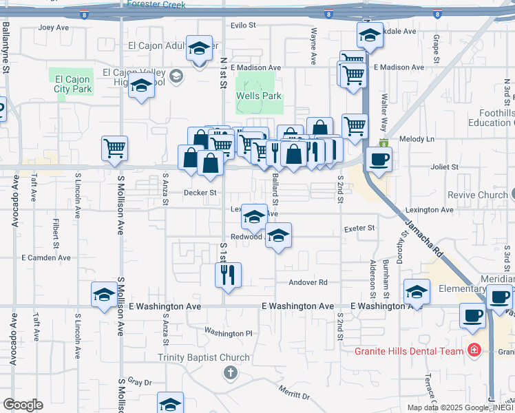 map of restaurants, bars, coffee shops, grocery stores, and more near 1132 East Lexington Avenue in El Cajon