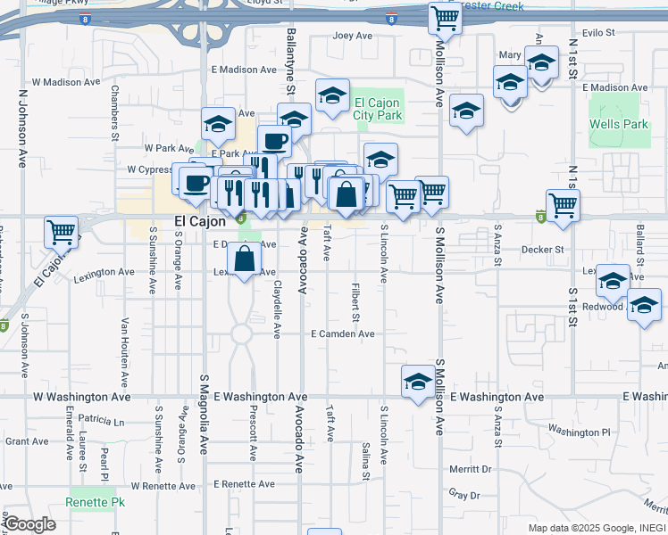 map of restaurants, bars, coffee shops, grocery stores, and more near 490 Lexington Avenue in El Cajon