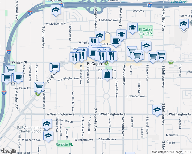 map of restaurants, bars, coffee shops, grocery stores, and more near 290 East Lexington Avenue in El Cajon