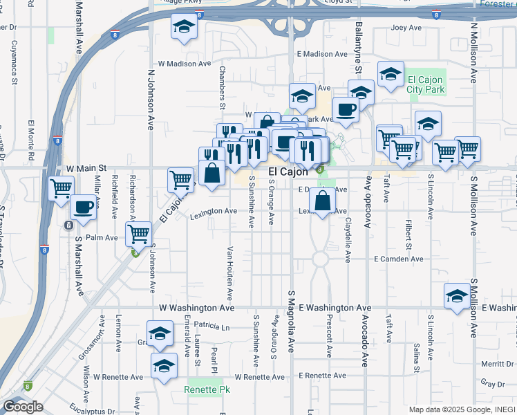 map of restaurants, bars, coffee shops, grocery stores, and more near 208 West Lexington Avenue in El Cajon