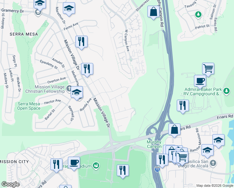 map of restaurants, bars, coffee shops, grocery stores, and more near 9501 Ronda Avenue in San Diego