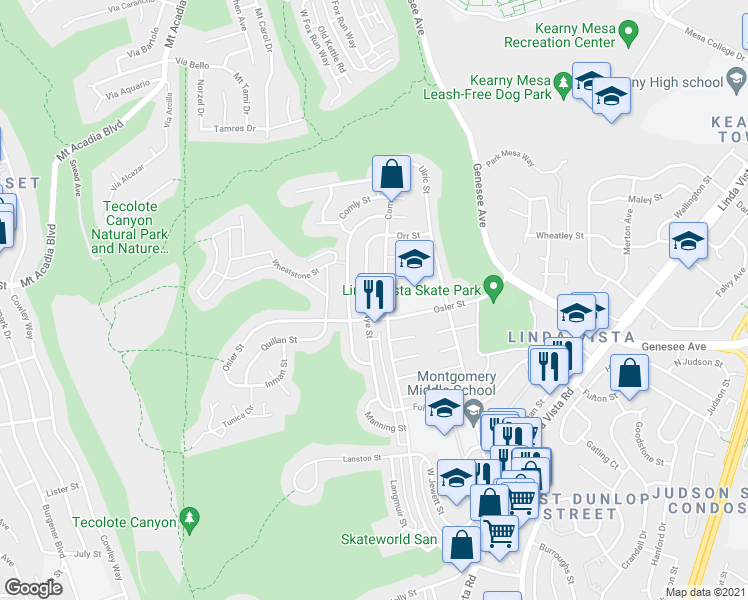 map of restaurants, bars, coffee shops, grocery stores, and more near 2738 Comstock Street in San Diego