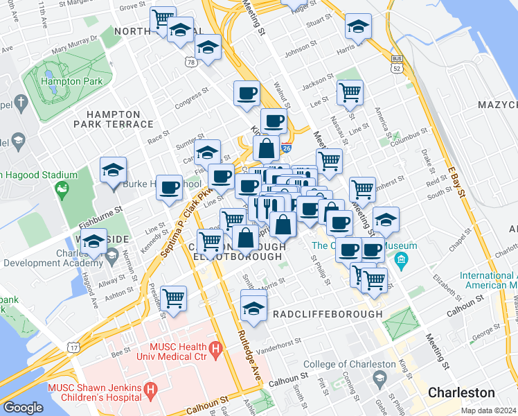 map of restaurants, bars, coffee shops, grocery stores, and more near 13 Bogard Street in Charleston