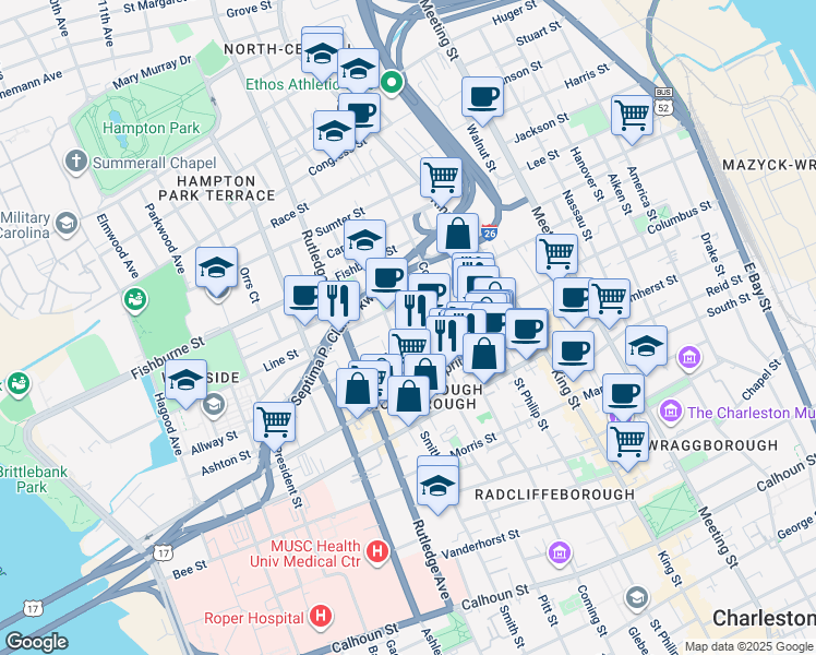 map of restaurants, bars, coffee shops, grocery stores, and more near 25 Percy Street in Charleston
