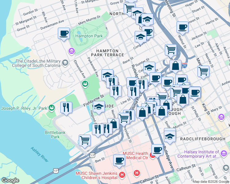 map of restaurants, bars, coffee shops, grocery stores, and more near 237b Fishburne Street in Charleston