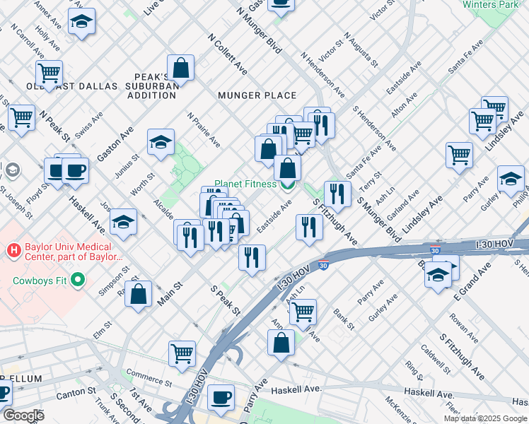 map of restaurants, bars, coffee shops, grocery stores, and more near 130 South Cisco Street in Dallas