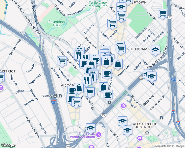 map of restaurants, bars, coffee shops, grocery stores, and more near 2600 North Harwood Street in Dallas