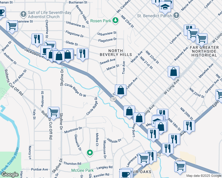 map of restaurants, bars, coffee shops, grocery stores, and more near 2219 Capri Drive in Fort Worth