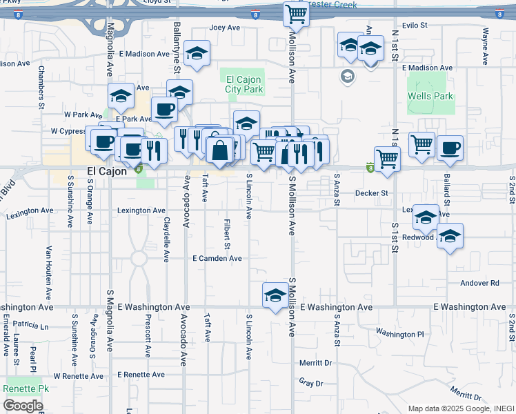 map of restaurants, bars, coffee shops, grocery stores, and more near 732 Lexington Avenue in El Cajon