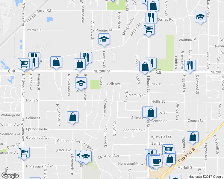 map of restaurants, bars, coffee shops, grocery stores, and more near 2225 Robinwood Drive in Fort Worth