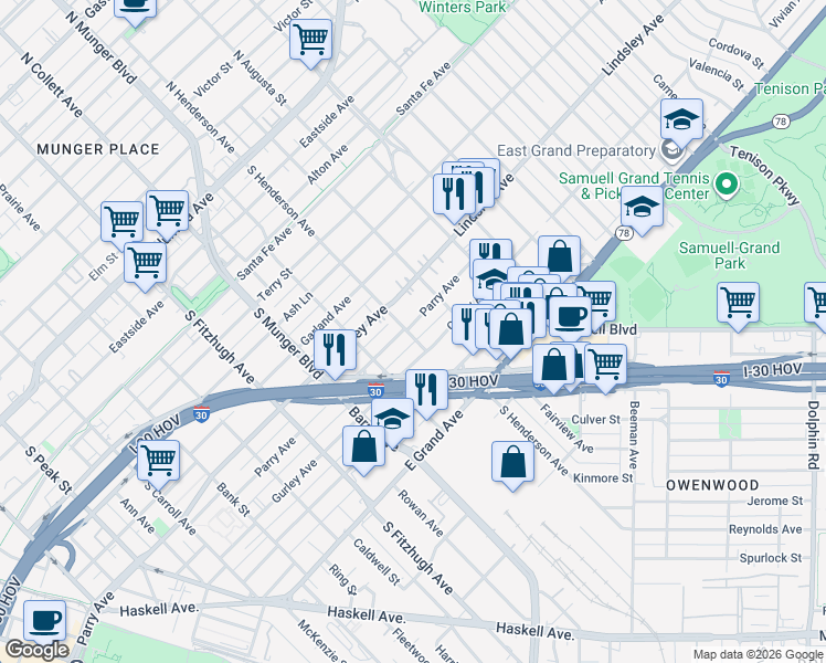 map of restaurants, bars, coffee shops, grocery stores, and more near 5300 Parry Avenue in Dallas
