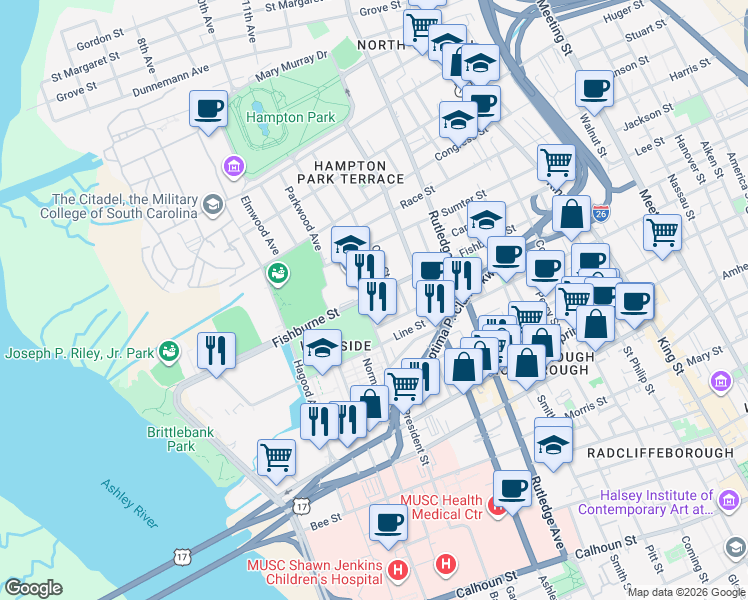 map of restaurants, bars, coffee shops, grocery stores, and more near 237b Fishburne Street in Charleston