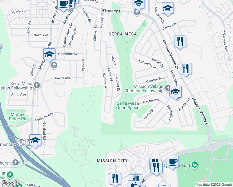 map of restaurants, bars, coffee shops, grocery stores, and more near 2750 Walker Drive in San Diego