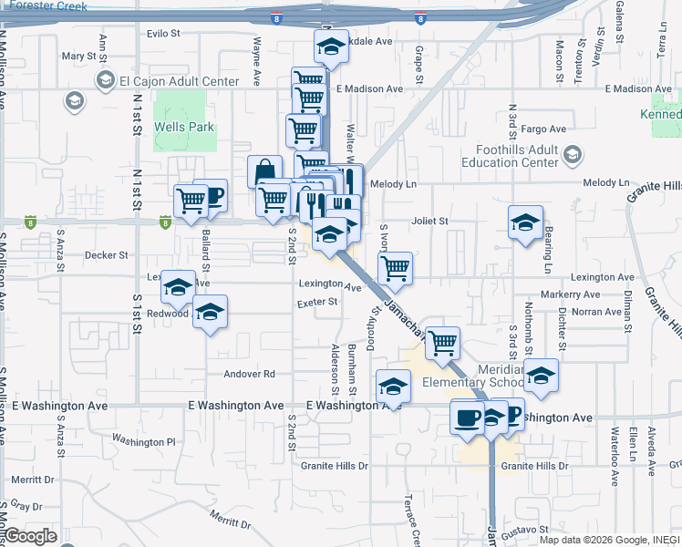 map of restaurants, bars, coffee shops, grocery stores, and more near in El Cajon