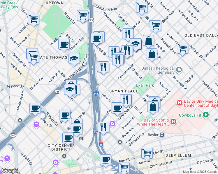 map of restaurants, bars, coffee shops, grocery stores, and more near 3105 San Jacinto Street in Dallas