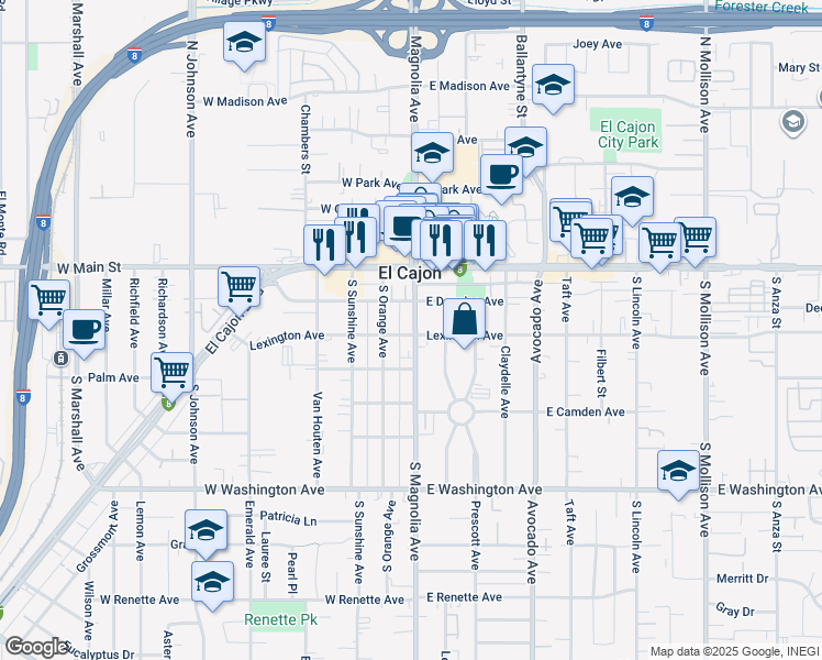 map of restaurants, bars, coffee shops, grocery stores, and more near 290 East Lexington Avenue in El Cajon