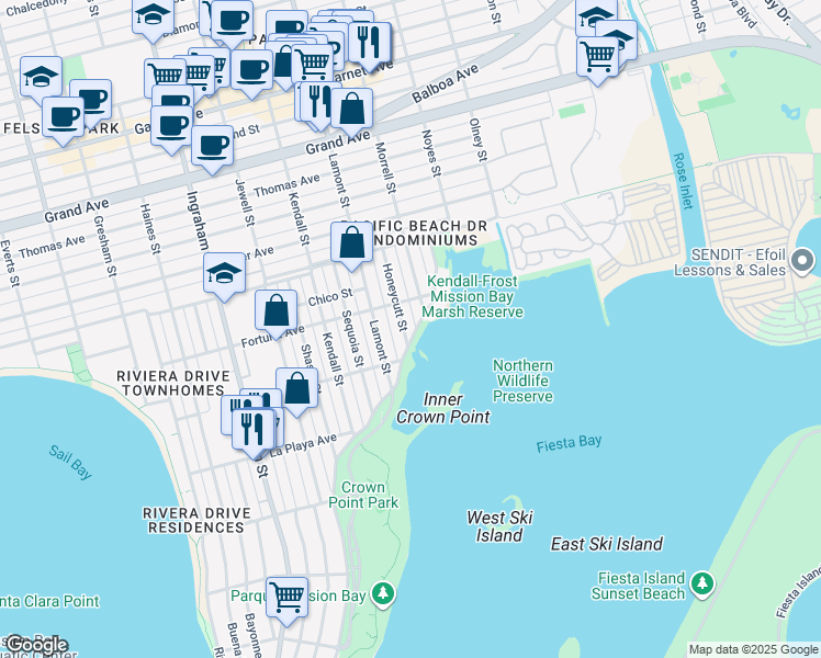 map of restaurants, bars, coffee shops, grocery stores, and more near 3955 Honeycutt Street in San Diego