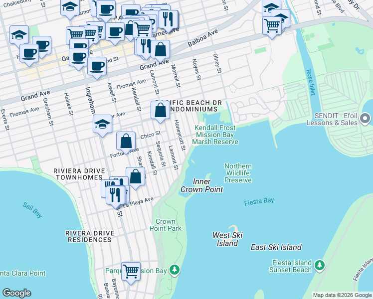 map of restaurants, bars, coffee shops, grocery stores, and more near 3955 Honeycutt Street in San Diego