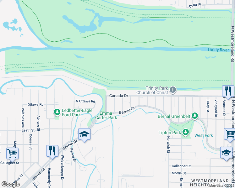 map of restaurants, bars, coffee shops, grocery stores, and more near 4215 Canada Drive in Dallas