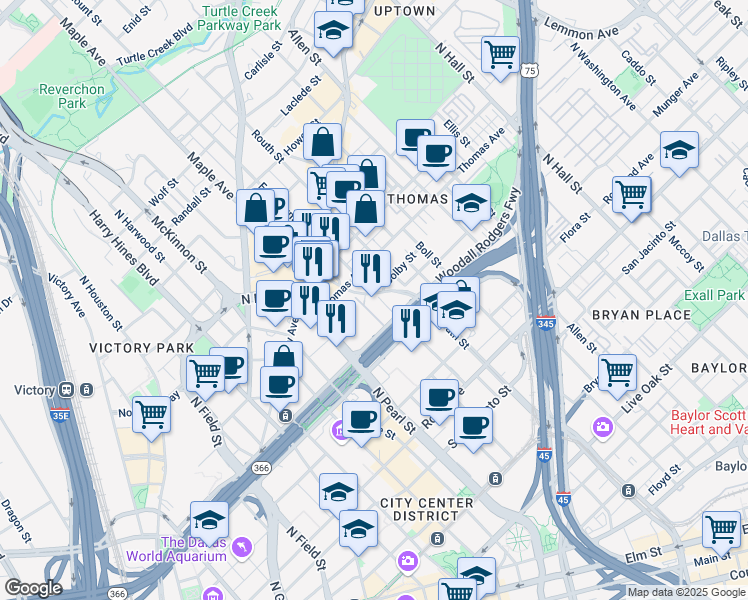 map of restaurants, bars, coffee shops, grocery stores, and more near 2125 Fairmount Street in Dallas