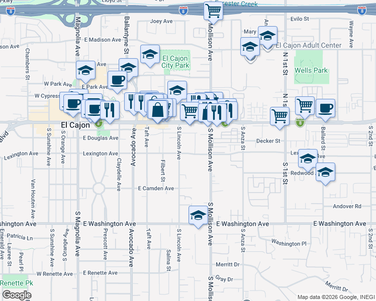 map of restaurants, bars, coffee shops, grocery stores, and more near 732 Lexington Avenue in El Cajon