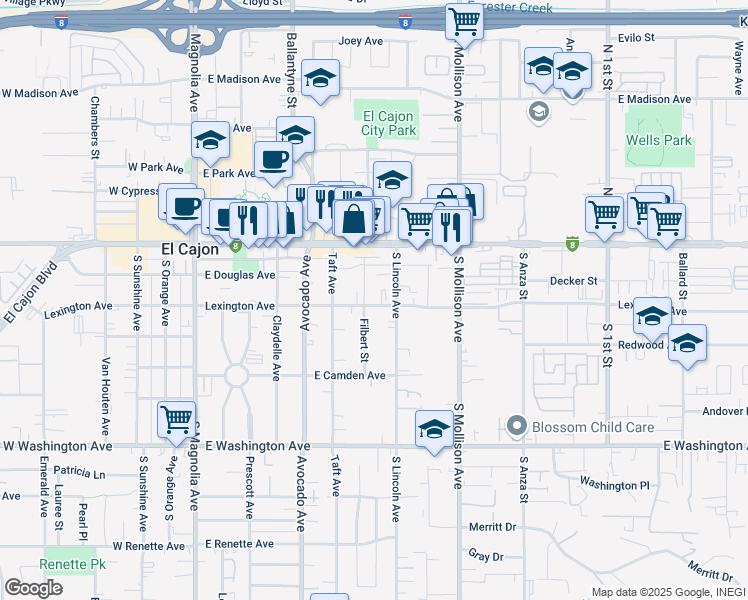 map of restaurants, bars, coffee shops, grocery stores, and more near 620 Lexington Avenue in El Cajon