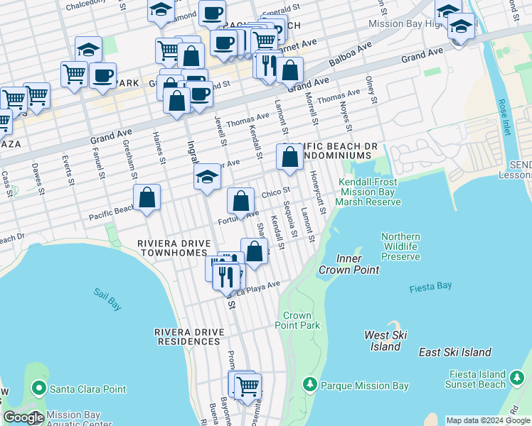 map of restaurants, bars, coffee shops, grocery stores, and more near 1791 Fortuna Avenue in San Diego