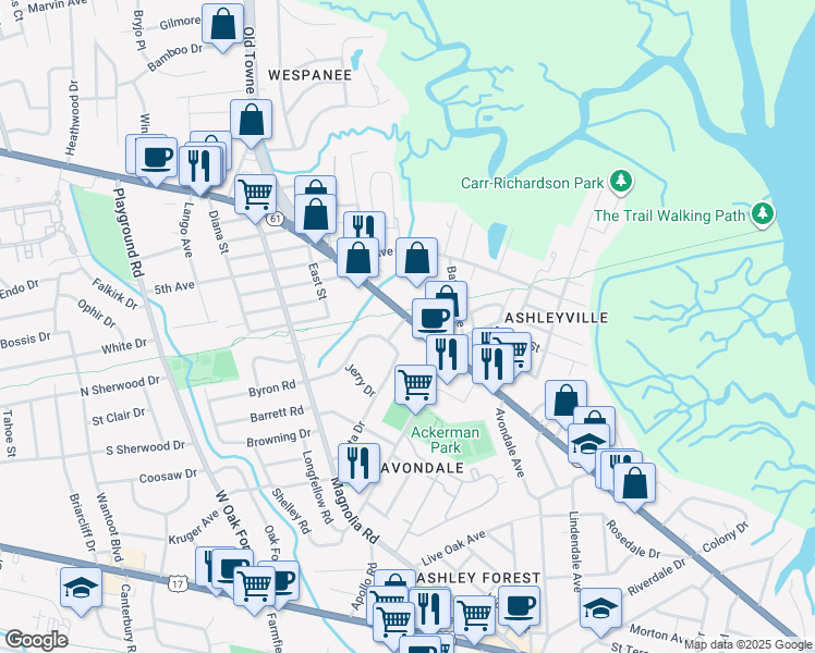 map of restaurants, bars, coffee shops, grocery stores, and more near 933 Saint Andrews Boulevard in Charleston