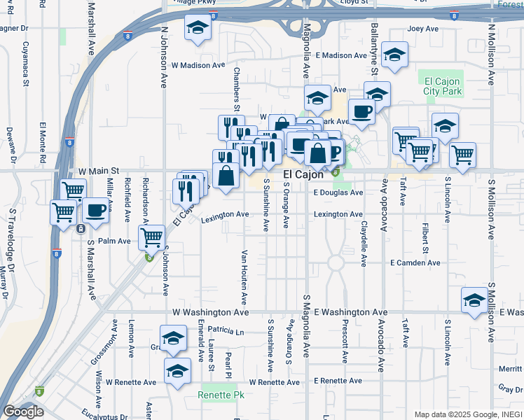 map of restaurants, bars, coffee shops, grocery stores, and more near 338 West Lexington Avenue in El Cajon