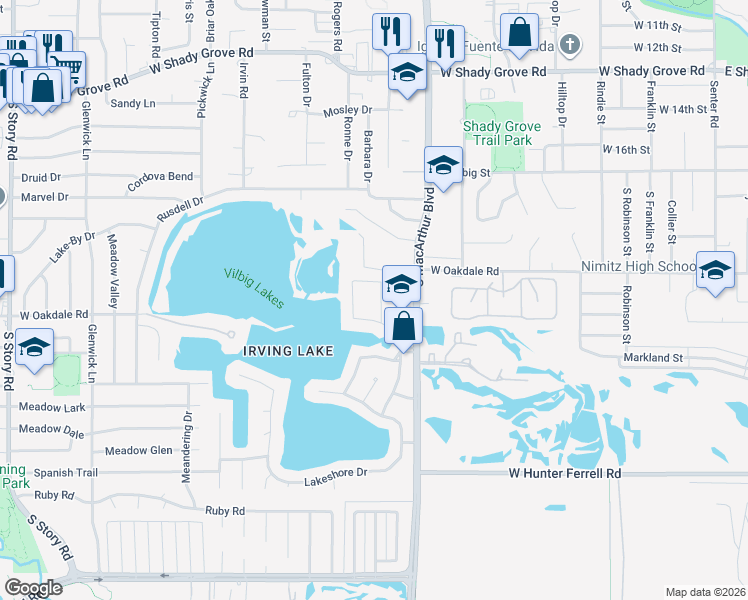map of restaurants, bars, coffee shops, grocery stores, and more near 2105 Lake Bend Dr in Irving