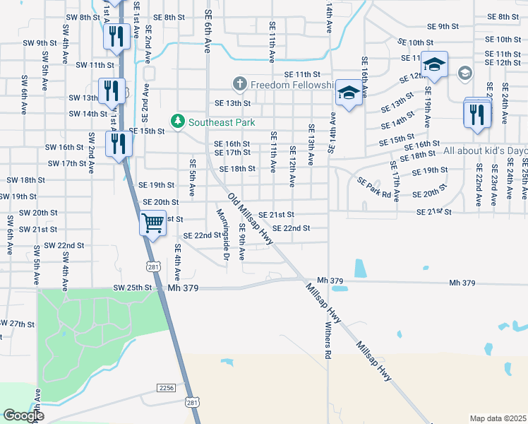map of restaurants, bars, coffee shops, grocery stores, and more near 1001 Southeast 21st Street in Mineral Wells