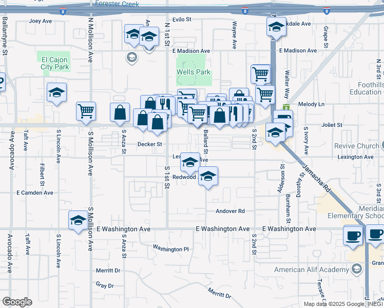 map of restaurants, bars, coffee shops, grocery stores, and more near 1146 Lexington in El Cajon