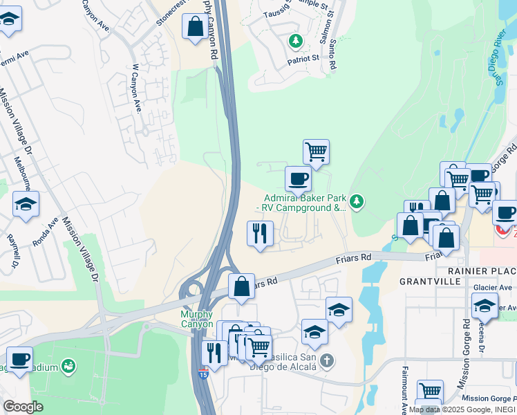 map of restaurants, bars, coffee shops, grocery stores, and more near 6490 Ambrosia Drive in San Diego