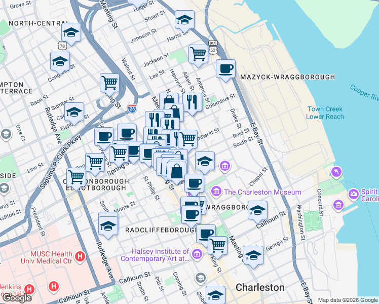 map of restaurants, bars, coffee shops, grocery stores, and more near 420 Meeting Street in Charleston