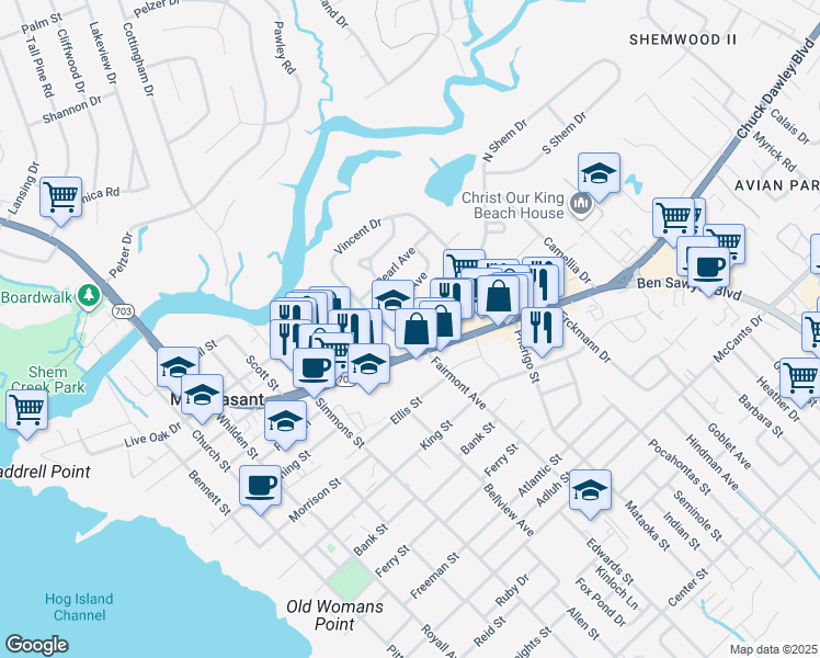 map of restaurants, bars, coffee shops, grocery stores, and more near 7 Shem Drive in Mount Pleasant