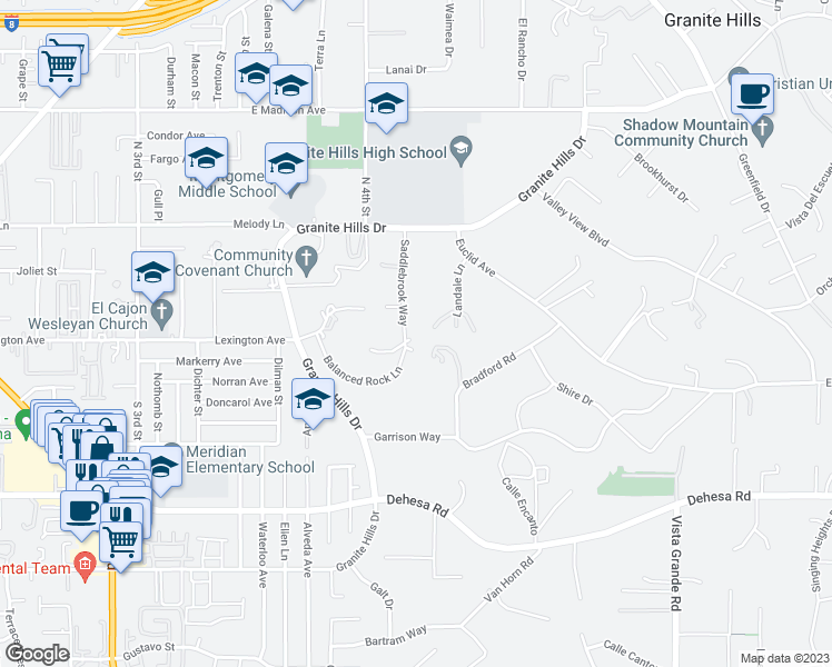 map of restaurants, bars, coffee shops, grocery stores, and more near 1951 Granite Hills Drive in El Cajon