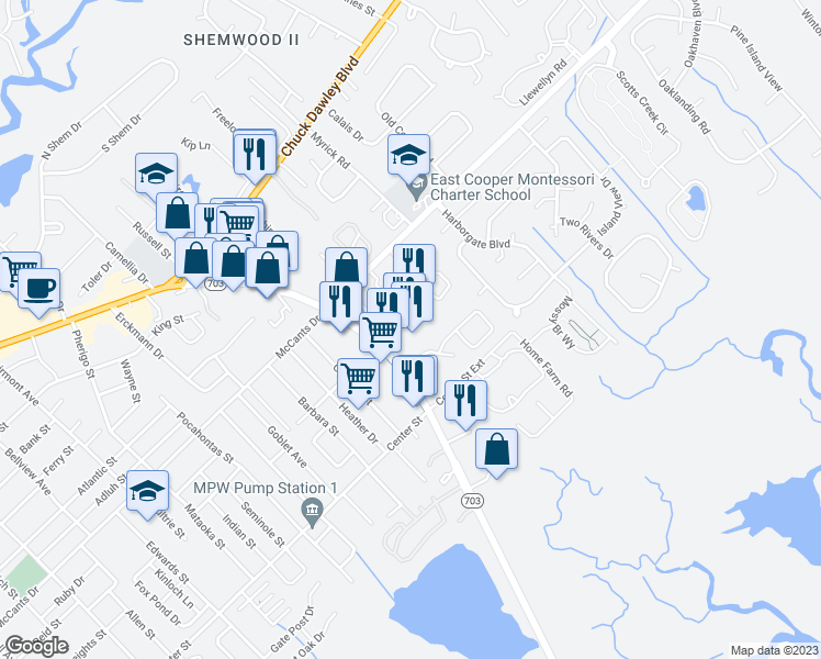 map of restaurants, bars, coffee shops, grocery stores, and more near 1452 Ben Sawyer Boulevard in Mount Pleasant